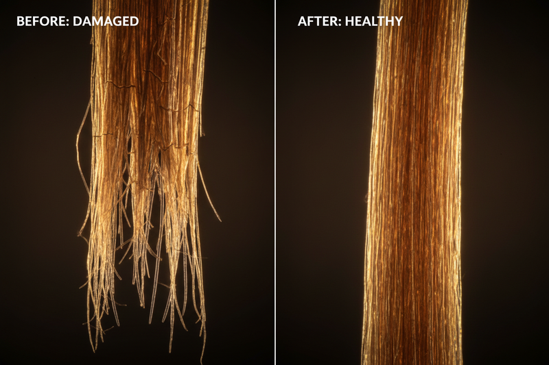 Comparaison microscopique avant/après de fibres capillaires